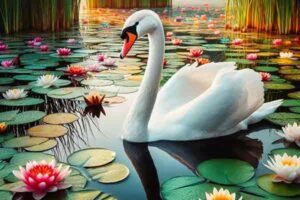 Imagem IA Cisne em um lago com flores de lótus