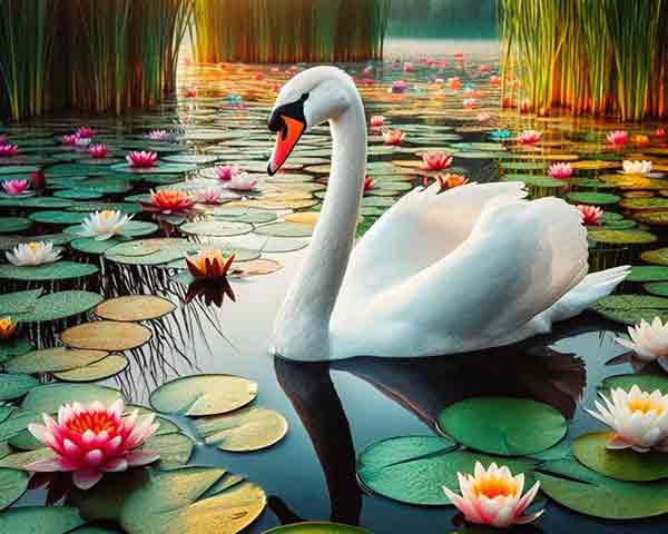 Imagem de um Cisne em lago com flores de lótus